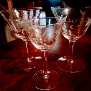 3 mid century etched crystal martini glasses